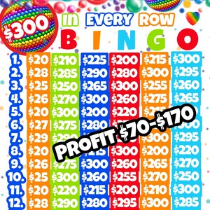 Può includere: Una scheda di bingo colorata con un design a arcobaleno. La scheda ha 15 righe di numeri, ogni riga rappresenta una lettera diversa della parola "BINGO". I numeri sono disposti in una griglia, con ogni riga che contiene sei numeri. La scheda include anche un titolo che recita "$300 in OGNI RIGA" e un importo del profitto di "$70-$170".