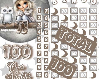 Può includere: Una cartella del bingo con un totale di 100. La cartella ha 15 righe e 5 colonne. Ogni riga ha un numero da 1 a 15 e un numero da 50 a 80. La cartella ha anche le parole "TOTAL", "Over Nighter" e "GOOD NIGHT".