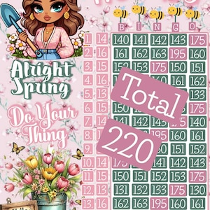 May include: A pink and green bingo card with the words "175 or 195" at the top. The card has a total of 25 squares, with numbers ranging from 13 to 175. The card also has the letters "B", "I", "N", "G", and "O" at the top of each column. The card is surrounded by a pink background with flowers and butterflies.