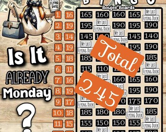 Può includere: Un tabellone di gioco del bingo stravagante con un'anatra dei cartoni animati con occhiali da sole e una sciarpa. Il tabellone include numeri, il testo "200 BINGO" e la domanda "Is It Already Monday?" con un punto interrogativo.