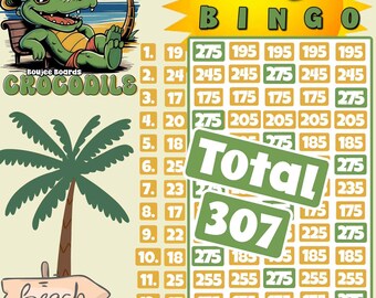 Può includere: Una colorata cartella del bingo a tema tropicale. La cartella presenta un alligatore dei cartoni animati con occhiali da sole, palme e il testo "275 BINGO". La cartella include numeri e la parola "Total 307".