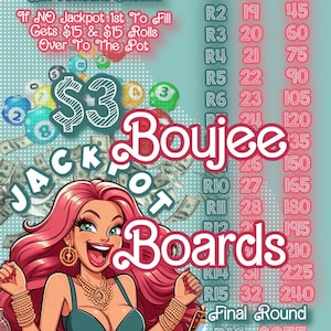 Può includere: Un gioco di bingo colorato con una donna dei cartoni animati e il testo "$3 Boujee Jackpot Boards". Il gioco ha un jackpot di $255 per la prima persona a completare la sua scheda.