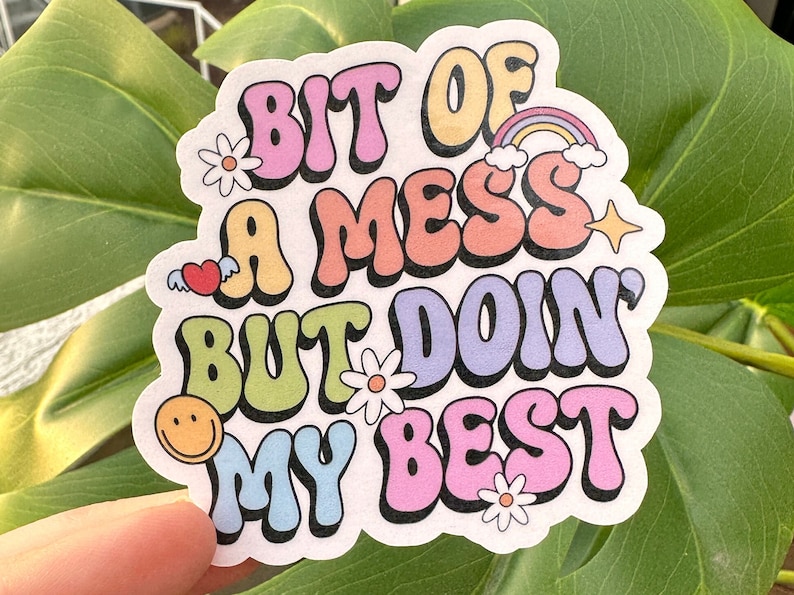 May include: A sticker with a retro font design that says "Bit of a mess but doin' my best". The sticker has a rainbow, a heart with wings, and several daisies.