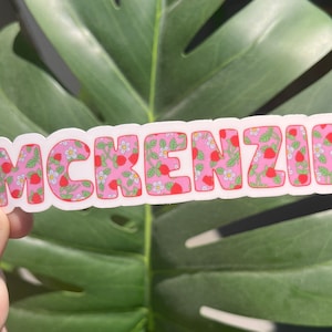 Sticker nom personnalisé imprimé floral fraise rose, idée cadeau unique, unique en son genre