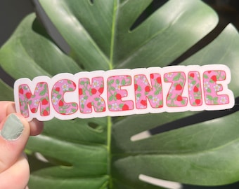 CUSTOM Pink Strawberry Floral Print Name Sticker, Unique Present Idea, One Of A Kind