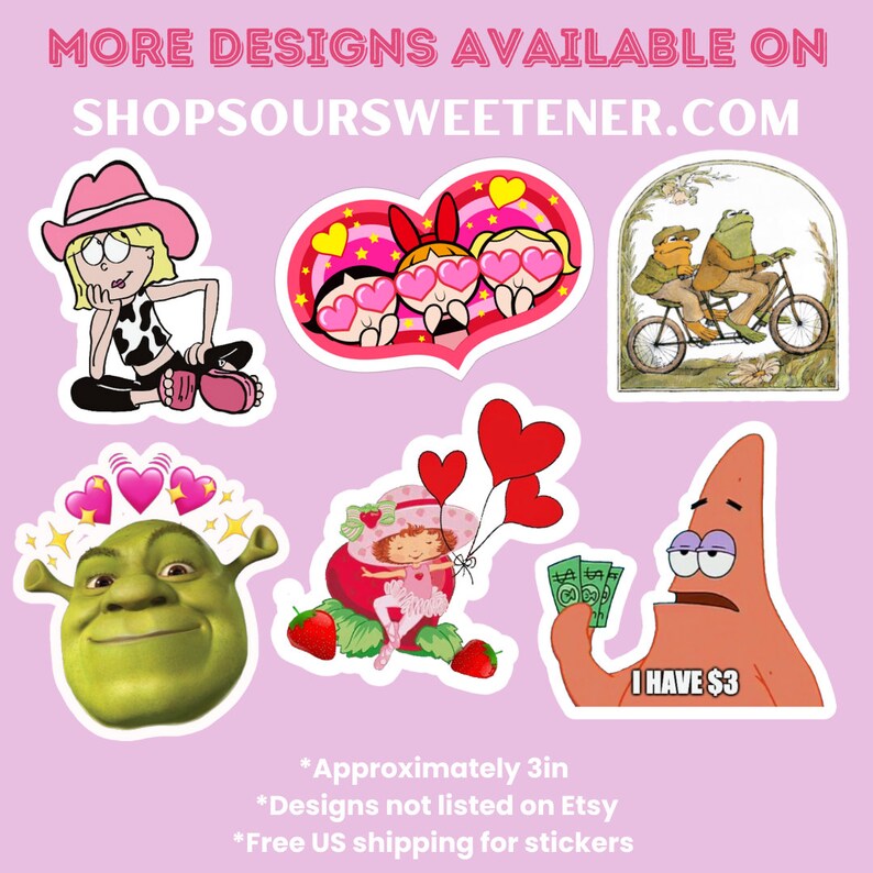Pode incluir: Uma cole&ccedil;&atilde;o de seis adesivos coloridos com v&aacute;rios personagens de desenhos animados. Os adesivos medem aproximadamente 7,6 cm de di&acirc;metro e incluem personagens como Shrek, um bolo de morango e um sapo de desenho animado. O texto "TENHO 3 &euro;" &eacute; vis&iacute;vel em um dos adesivos.