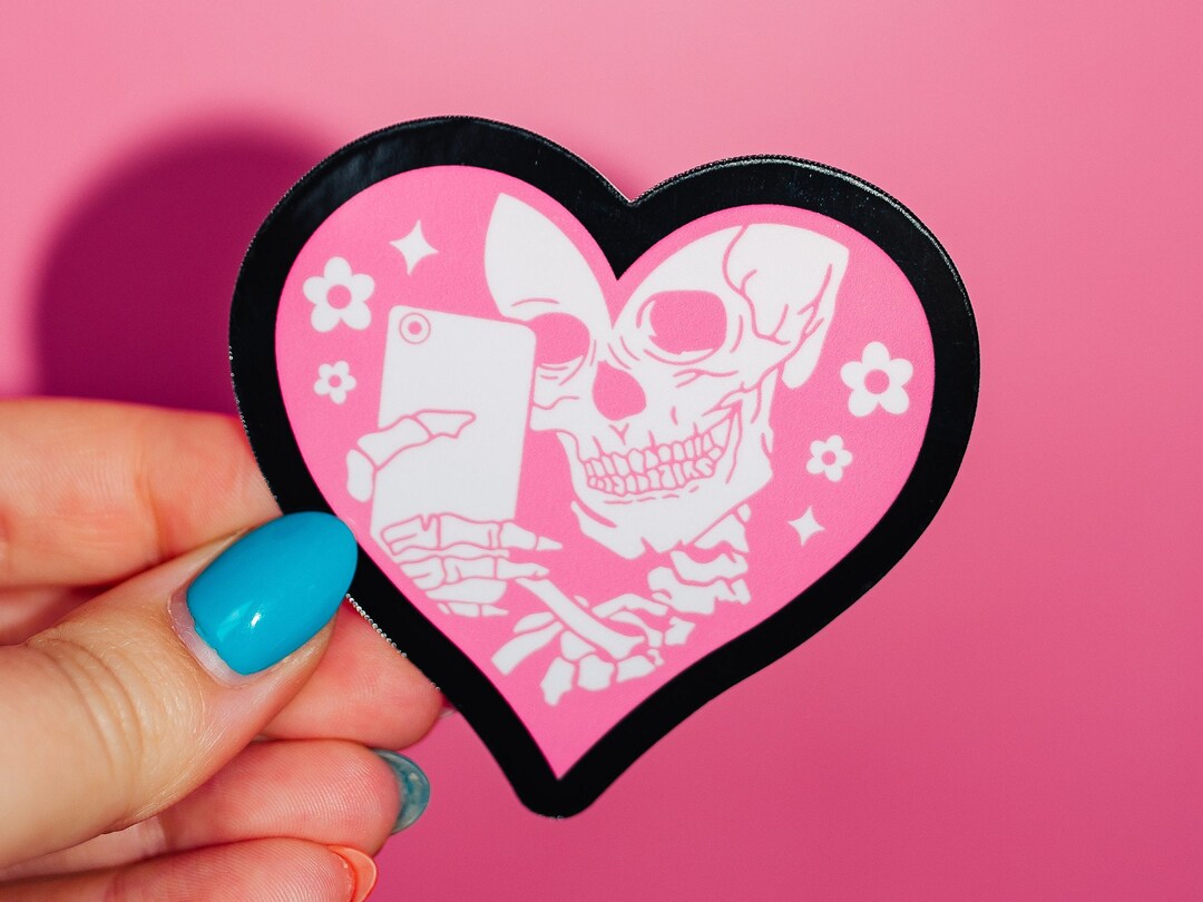 Skeleton Selfie Sticker, Pink Heart, Alt Goth, Dead Inside Punk, Horror ...