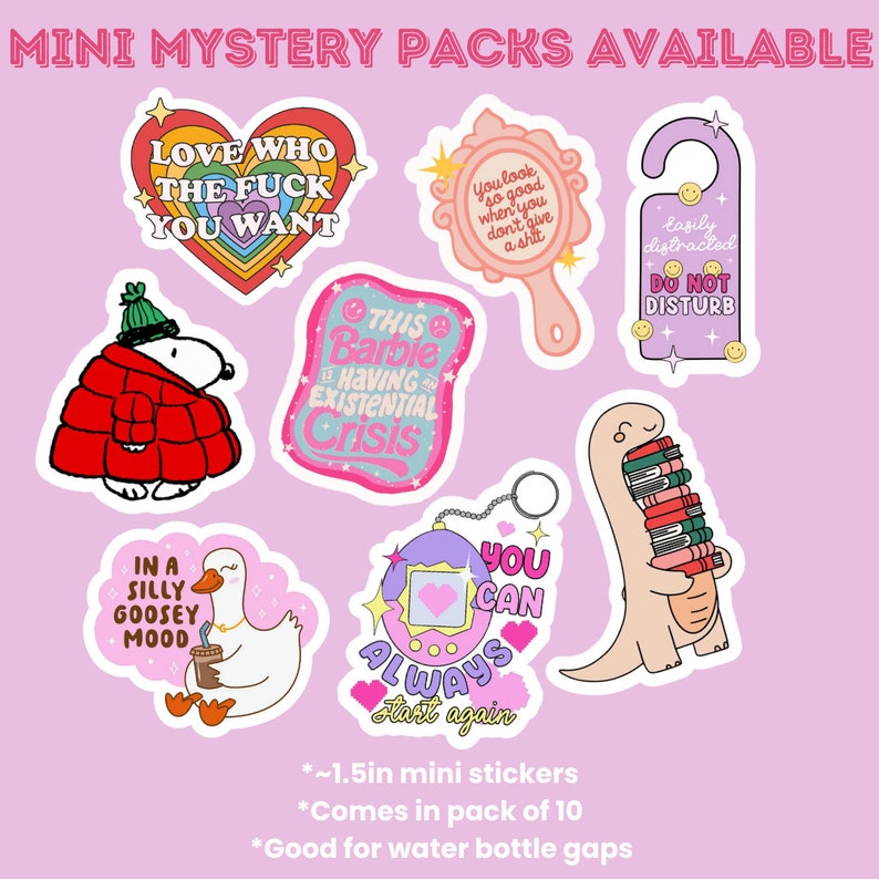 May include: A collection of colorful mini stickers with various designs and text, including a heart with the text "LOVE WHO THE FUCK YOU WANT", a Snoopy-like character, and a dinosaur carrying books. The stickers are approximately 1.5 inches.