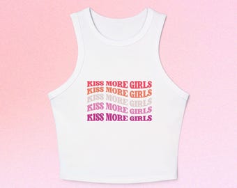 Kiss More Girls Micro Rib Racer Tank Top, Lesbian Flag, Queer Pride Outfit, Sapphic WLW LGBTQ+ Safe Space, Community Matters, Aesthetic Gay
