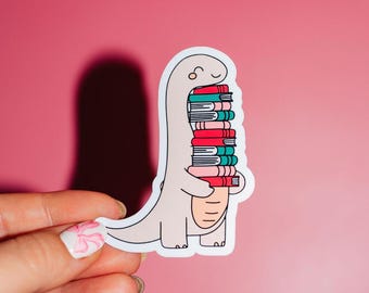 Dinosaur With Books Sticker, Booktok, Smut Reader, Book Club, Trendy Cute, Support Public Libraries, Teacher Gift, Galentine, Back To School