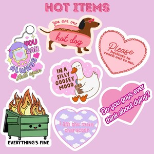May include: A set of 10 colorful stickers with various designs and phrases. The stickers feature a hot dog, a goose, a dumpster fire, a heart, and a Tamagotchi-like device. The stickers are perfect for adding a touch of personality to laptops, water bottles, or journals.