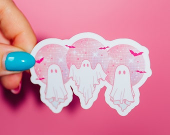 Pink Disco Ghosts Sticker, Horror Night, Halloween Spooky, Trendy Groovy, Retro Vibes, Spooky Flying Bats, Disco Cowgirl, 70's Boho