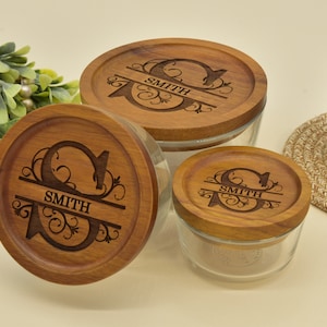 Personalized Glass Food Storage Container • Custom Engraved Wooden Lids •  Father&#39;s Day Gift • Glass Storage • Kitchen Decor • Gift For Dad