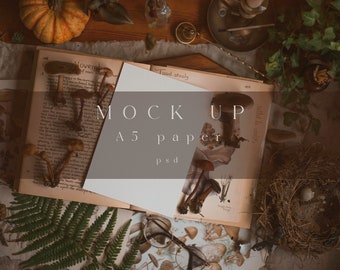 Maqueta de retrato A5 de estilo Cottagecore: Libro de recolección de hongos botánicos otoñales, archivo PSD (descarga digital)