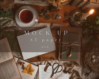 Maqueta horizontal A5 de estilo Cottagecore: Acogedor otoñal con setas, archivo PSD (descarga digital)