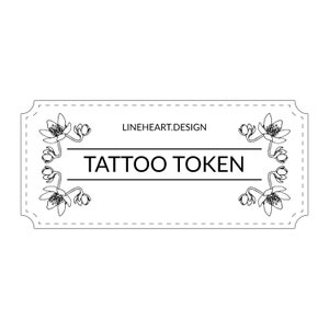 May include: Black and white line art illustration of a ticket with the text "LINEHEART.DESIGN" and "TATTOO TOKEN" on a white background.