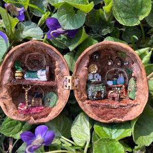 Może przedstawiać: Miniaturowa diorama umieszczona wewnątrz rozłupanej skorupy orzecha włoskiego, zawierająca dwa poziomy drobnych mebli i dekoracji. Po lewej stronie znajduje się łóżko i mały stolik, a po prawej kamienny kominek, drewniany stół i akcesoria kuchenne.
