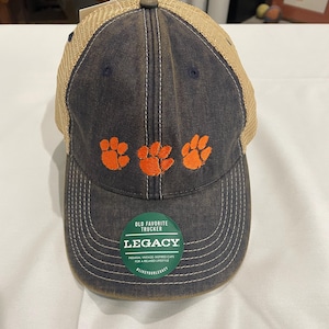 Clemson Tigers 3 Paws baseball cap Legacy Washed Denim Tea Stain Unstructured Trucker Dad Hat