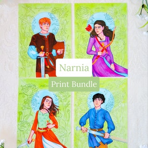 Lot d'impressions Rois et reines de Narnia | Impressions d'art traditionnelles pevensie frères et sœurs grand roi peter, reine susan, roi edmund et reine lucy