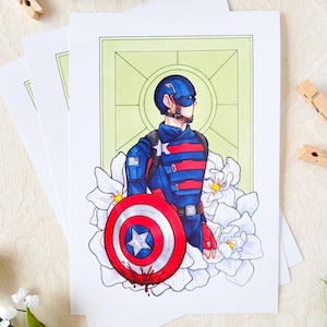 May include: A print of a comic book style illustration of a superhero wearing a red, white, and blue costume with a shield and a bloody stain on the shield. The background is green with white flowers.