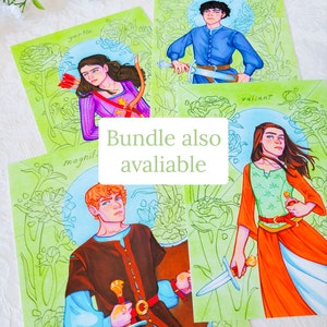 May include: Four illustrated cards featuring characters with swords and flowers. The cards are green with white outlines of flowers and the words "gentle", "magnificent", "valiant", and "just" are written on each card. The text "Bundle also available" is written in green on a white background.