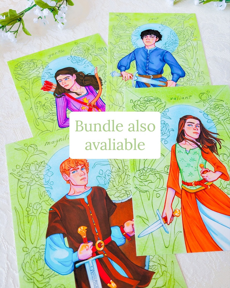 May include: Four illustrated cards featuring characters with swords and flowers. The cards are green with white outlines of flowers and the words "gentle", "magnificent", "valiant", and "just" are written on each card. The text "Bundle also available" is written in green on a white background.