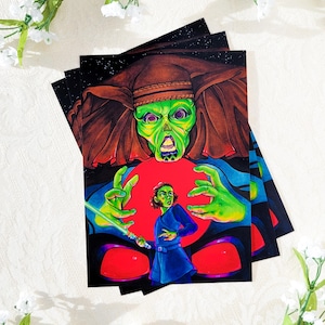 May include: A green-skinned, hooded figure with glowing red eyes, raises their hands in a menacing gesture towards a young person with brown hair and a blue robe. The background is dark with stars and a red orb.