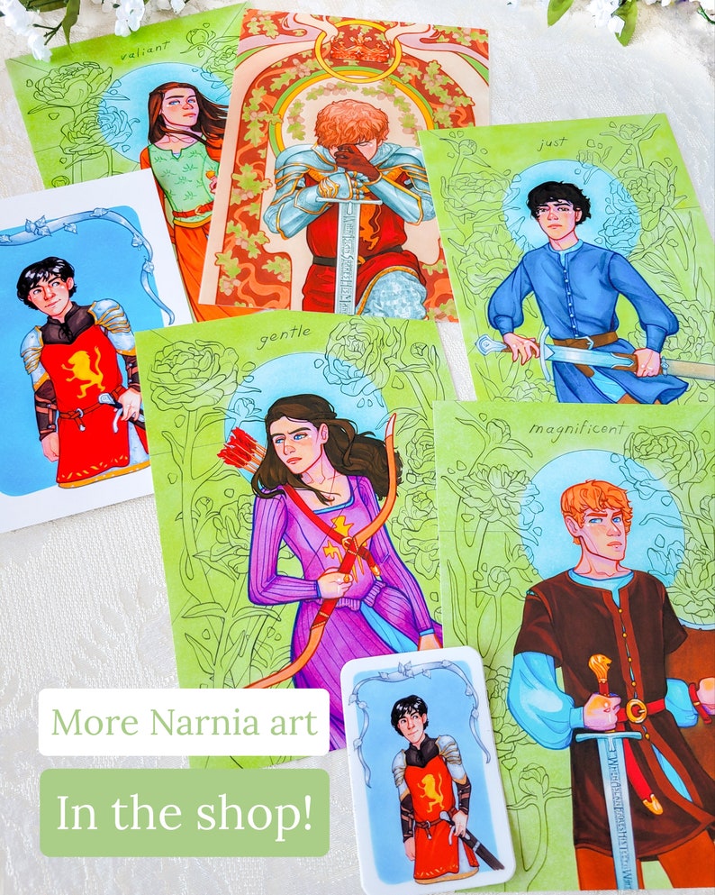 May include: Set of 6 illustrated cards featuring characters from the Narnia series. Each card features a different character with a unique background and a word describing their personality. The words are "valiant", "gentle", "just", "magnificent", and "brave".