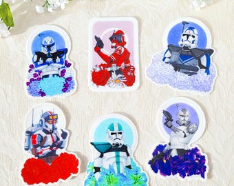 Paquete de pegatinas de clones florales: Capitán Rex, Comandante Fox, Comandante Wolffe, Capitán Howzer, Arc Trooper Fives, paquete de pegatinas tecnológicas de Star Wars.