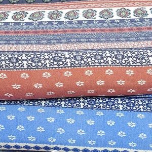 Rayon Crepe Fabric, Rust or Blue Boho Design. Sold by the 1/2 yard