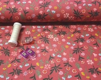Cotton Poplin Fabric Coral Rose Floral Wildflower Print Sold by the 1/2 Yard