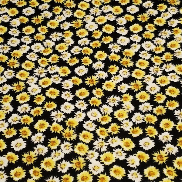 Double Brushed Poly, DPB,  Knit Fabric, Beautiful Ditzy White and Yellow Flowers on Black, So Soft and Versatile, Sold by the 1/2 yard