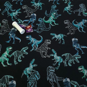 Digitized Dino Sweatshirt Fabric, Jersey Knit Cotton Spandex Fabric, Cozy Fleece Backside, 4-way Stretch. Sold by the 1/2 yard