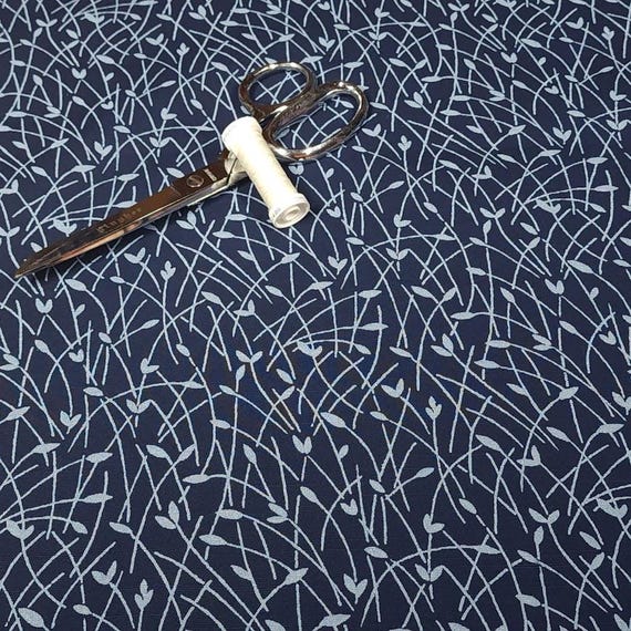 Navy Linen Look Rayon Blend Fabric, Minimalist Botanical Vine Print, Modern Apparel Fabric,  Sold by the 1/2 Yard