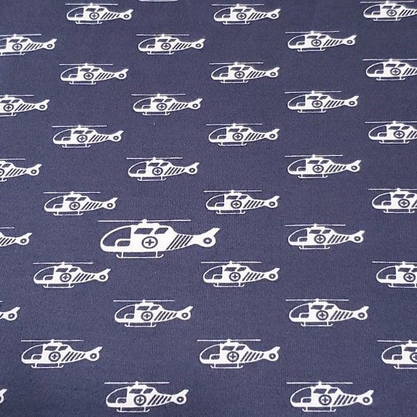 Cotton Spandex Euro Knit Fabric: White Helicopters on Dark Denim Blue, Excellent Quality Soft Fabric, 4-way stretch. Sold by the 1/2 yard.