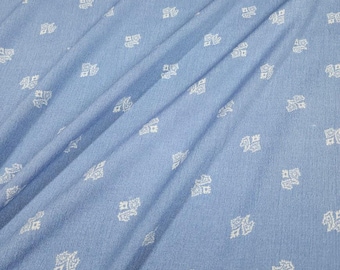 Blue Rayon Crepe Fabric – White Floral Print, Flowy Apparel, Sold by 1/2 Yard