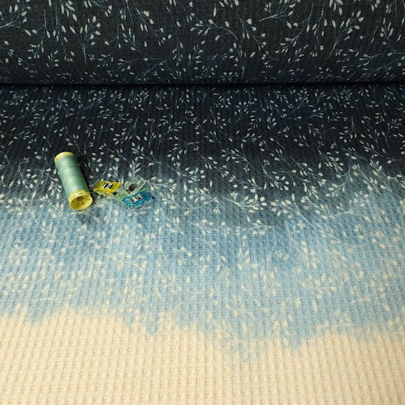 Blue Ombre Floral Waffle Knit Fabric – Soft Thermal with Gradient Blue Florals, Stretchy Textured, Sold by 1/2 Yard