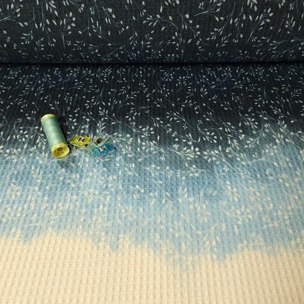 Blue Ombre Floral Waffle Knit Fabric – Soft Thermal with Gradient Blue Florals, Stretchy Textured, Sold by 1/2 Yard