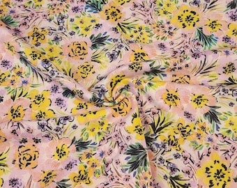 SWIM Fabric: Nylon Spandex Knit, Pretty Pink and Yellow and Purple Floral Swimwear Fabric. Nice Quality 4-Way Stretch. Sold by the 1/2 yard