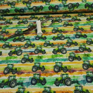 Farm Tractor Knit Fabric, Cotton Spandex Jersey Fabric, Green Tractor, European Sourced, Quality Fabric, 4-way Stretch. Sold by the 1/2 yard