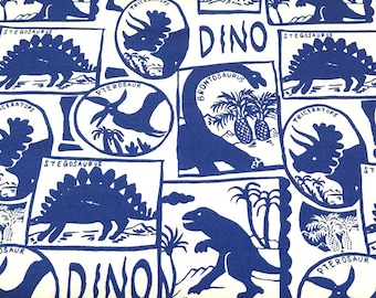 Blue Dinosaur Patches Cotton Spandex Knit – European Jersey Fabric, 4-Way Stretch, Sold by the 1/2 Yard