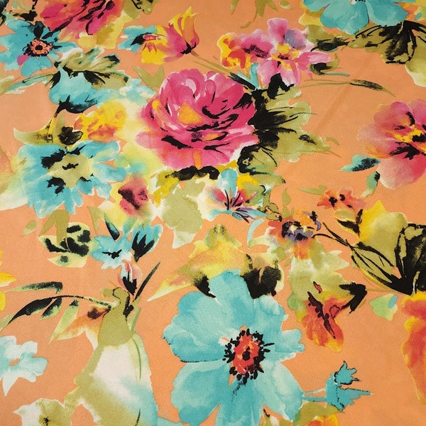 Poly Spandex Stretch Knit Fabric, Beautiful Vibrant Tropical Color Floral Print, 4-Way Stretch and has a Nice Drape, Sold By The 1/2 Yard