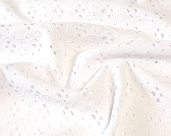 White Eyelet Poly Spandex Knit Fabric, Stretch Knit Fabric, 55 inches Wide. Ideal for Apparel and Home Decor. Sold by the 1/2 yard.