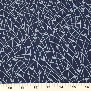 May include: Dark navy blue fabric with a repeating pattern of light blue, stylized leaves and curved lines. The design creates a sense of movement and organic texture. The fabric is measured in inches.