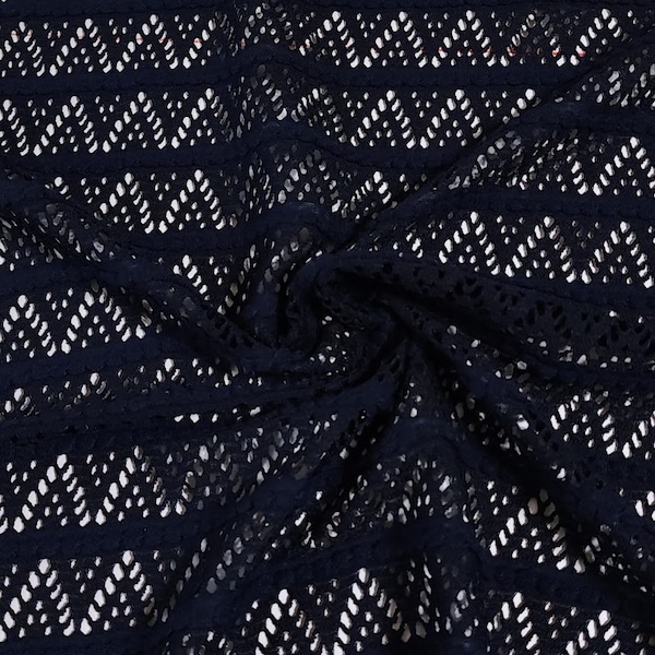 Navy Blue 2 Way Stretch Lace, Blue Swim Coverup Fabric, Navy Embroidered Look Triangle Design Lace. Polyester Spandex, Sold by the 1/2 yard