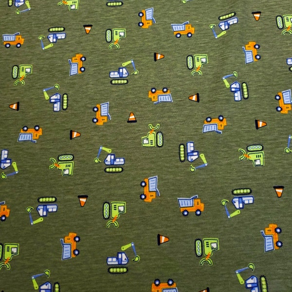 Construction Trucks Knit Fabric, Dump Truck and Excavator Fabric, Cotton Blend T-Shirt Knit, Soft feel, 2-way stretch.  Sold by the 1/2 yard