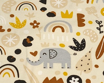 Elephant and Rainbow Cotton Spandex Jersey Knit Fabric – European Sourced Soft 4-Way Stretch, Neutral Boho, Sold by the 1/2 Yard