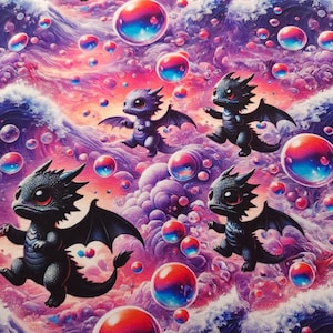Whimsical Dragon Cotton Spandex Jersey, European Knit Fabric for Kids, Magical Fantasy Print, 4-Way Stretch, Sold by 1/2 Yard