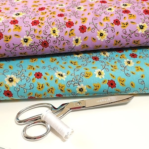 Rayon Challis Fabric, Sweet Summer Purple or Blue Dainty Floral Print. Light and Flowy Fabric. 100% Rayon Woven Fabric. Sold by the 1/2 yard