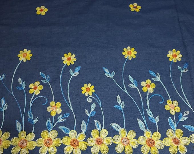Chambray Embroidered Border Fabric, Cheerful Yellow Flowerborder Fabric ...